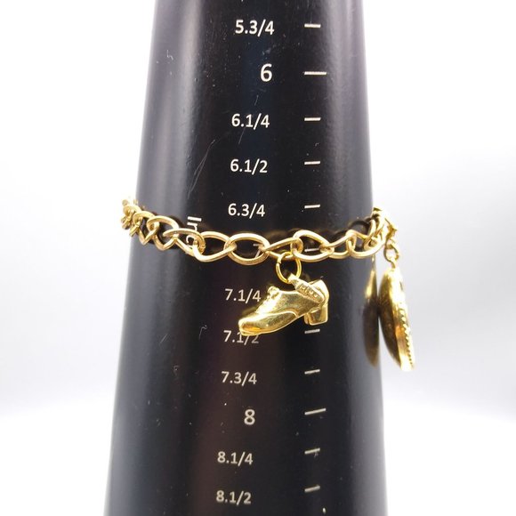 Vintage Starter Charm Bracelet, Gold Tone Links Bangle with 3 Charms, Solvar - Picture 5 of 5